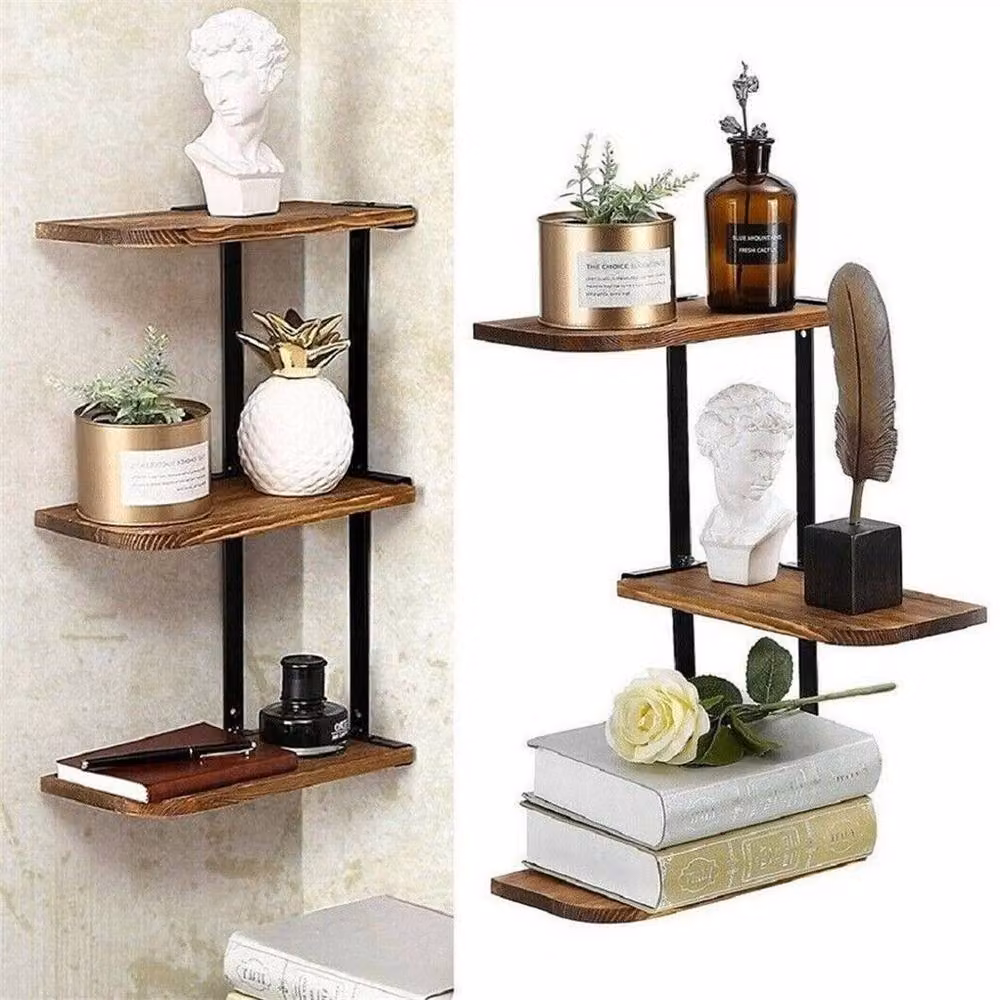 KORVIXA Rustic Brown Wood and Metal Wall Mounted Corner Display Shelf – 2
