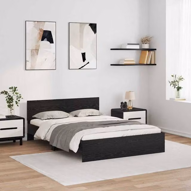 Berkfield Home Modern Bed Frame with Headboard and Under-Bed Lighting, Black Oak, W: 140 cm, D: 200 cm, Engineered Wood – 1