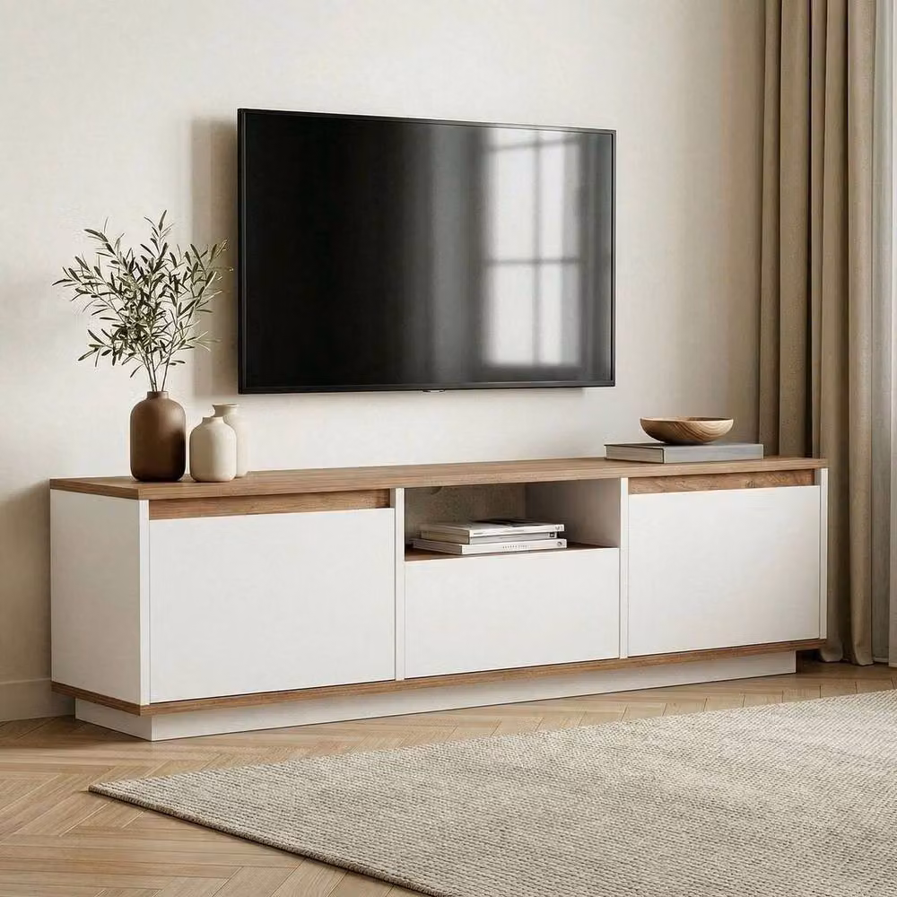 Calicosy LUME Modern TV Stand in White with 3 Drop-Down Doors and 1 Niche, Width: 160 cm – 2