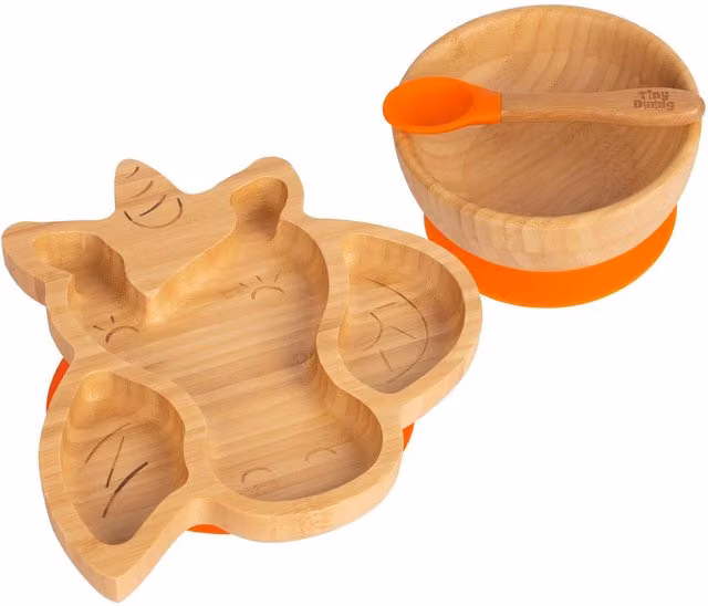 Tiny Dining Orange Bamboo and Silicone Divided Plate Dinner Set for Babies
