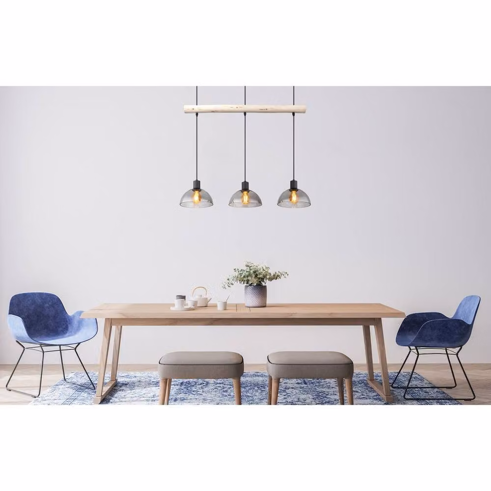 Netlighting Lindi Bar Pendant Ceiling Light in Matt Black with Transparent Glass and Wood Accents, 3x E27 – 2