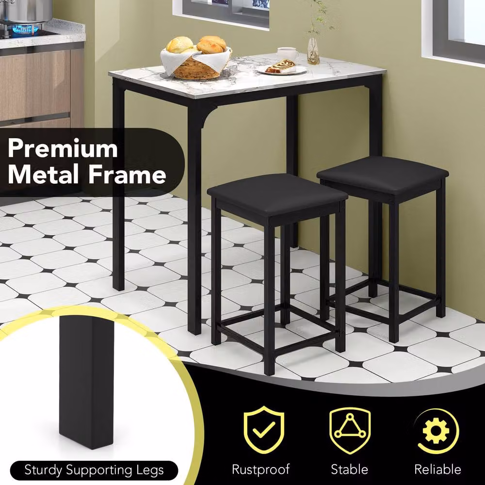 Costway 3 Piece Modern Bar Table Set with 2 Upholstered Stools in White and Marble Finish – 5