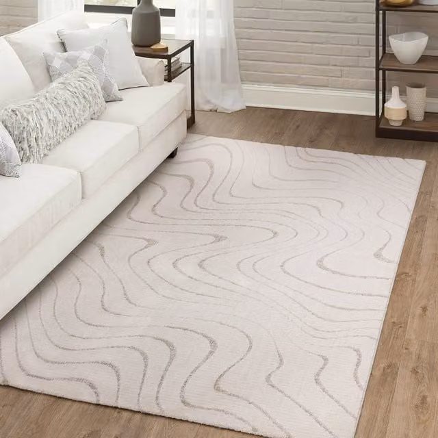 The Rug Edit Axel Geometric Ripple Scandinavian Living Area Rug in Ivory, Beige and White, 275 cm