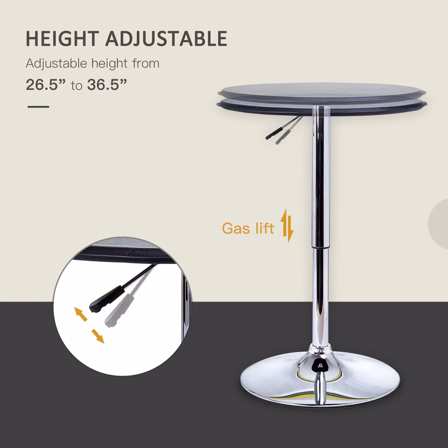 HOMCOM Adjustable Round Bistro Bar Table with Black PU Leather Top and Steel Base – 3