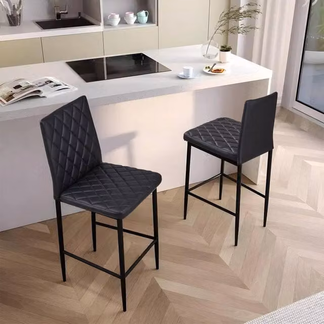 SPETLEK Set of 2 Black PU Padded Pub Breakfast Bar Stools – 1