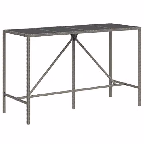 vidaXL Modern Bar Table with Glass Top in Grey Poly Rattan, W/D/H: 180 x 70 x 110 cm