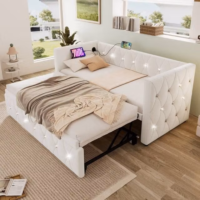 Rolipo Beige Velvet Single Daybed with Pull Out Trundle and USB Charging Port, W/D/H: 90 x 190 x 76 cm