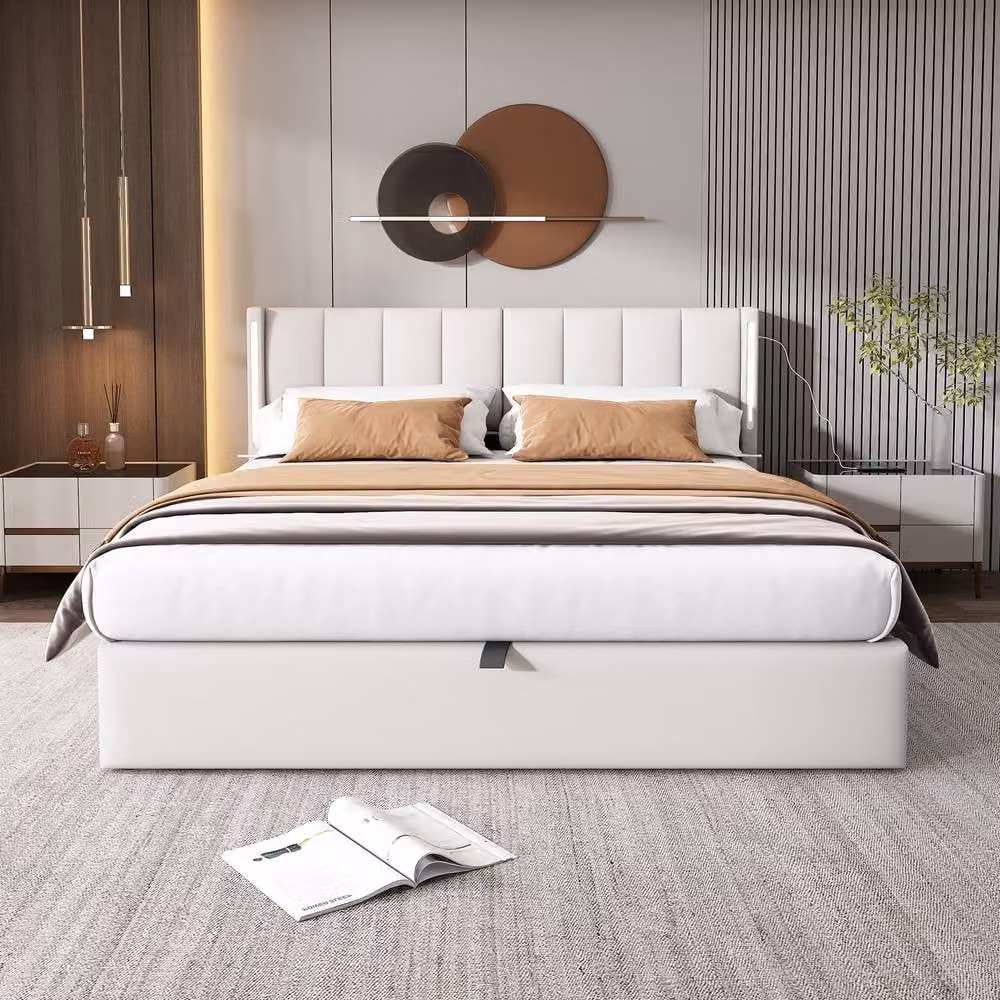 Rolipo Upholstered Double Bed in White with Lift Up Base, USB Charging Port and Under Bed Lighting, 140 x 200 cm – 2