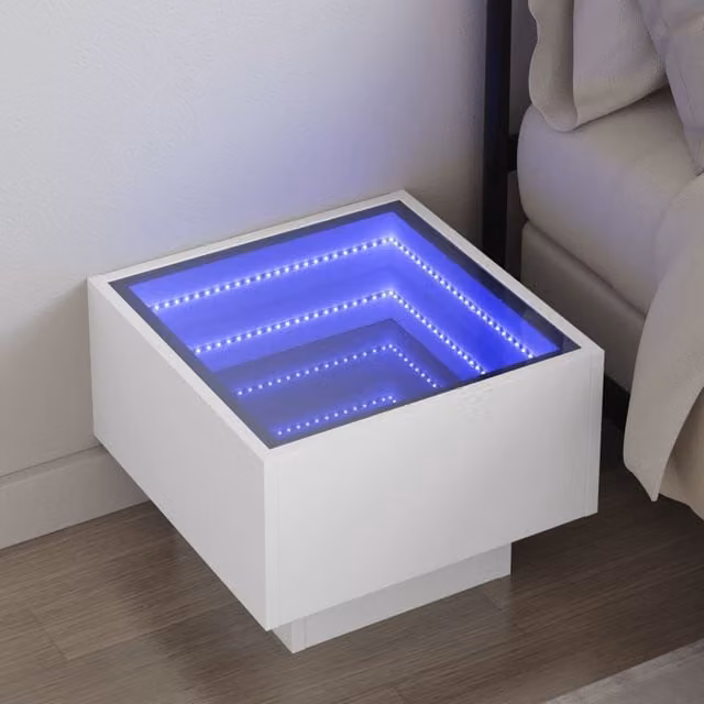 Berkfield Home White Bedside Table with Infinity LED and Mirror Top, W/D/H: 40 x 40 x 30 cm