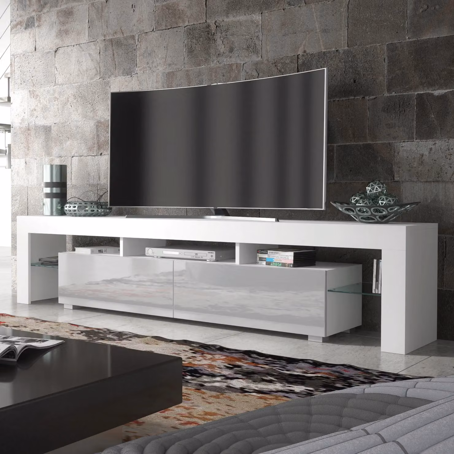 Creative Furniture Modern TV Unit in White with High Gloss Grey Doors, W: 200 cm, H: 45 cm, D: 35 cm – 3