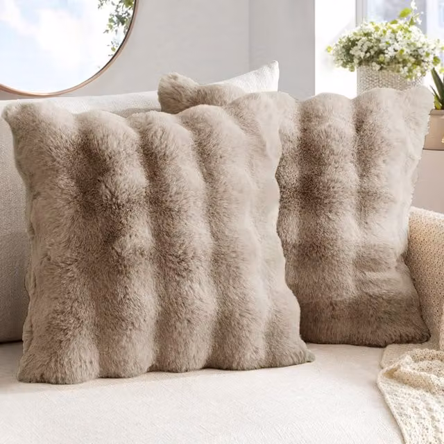 Sweet Dreams Luxury Supersoft Faux Fur Square Cushion in Beige/Brown, W/D/H: 56 x 56 x 56 cm