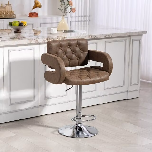 HOMCOM Height Adjustable Barstool with U-Shaped Armrests in Brown Synthetic Leather