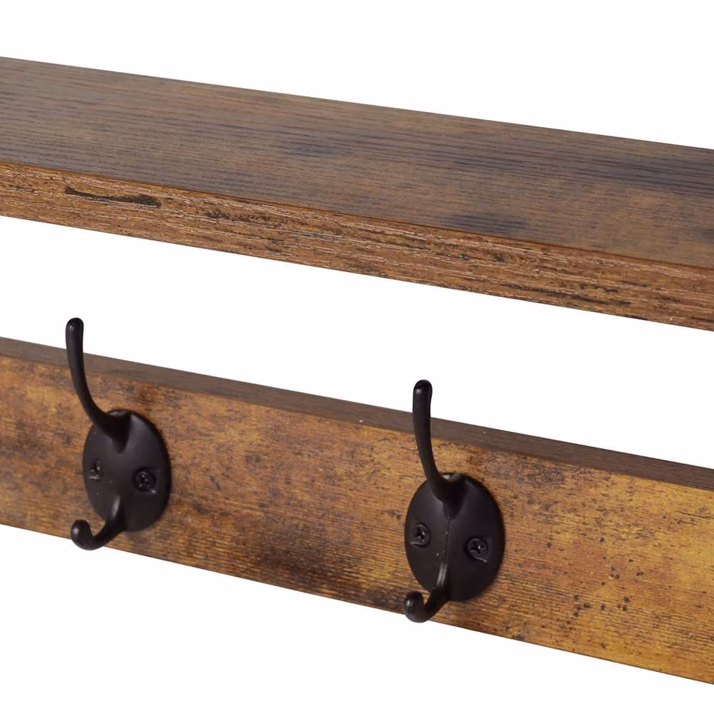 Levede 2 Pack Brown and Black Wooden Wall Mounted Coat Rack with Storage Shelf and Hooks, W: 60 cm – 7