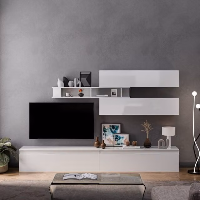 Decorotika Alicante Modern Wall Mounted Entertainment Center in High Gloss White
