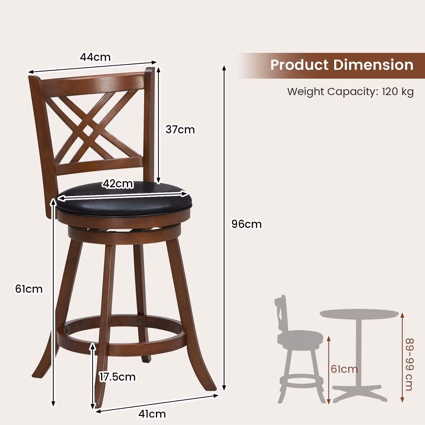 Costway Set of 2 Brown Upholstered Swivel Bar Stools with 360 Degree Rotation and Rubberwood Frame – 2