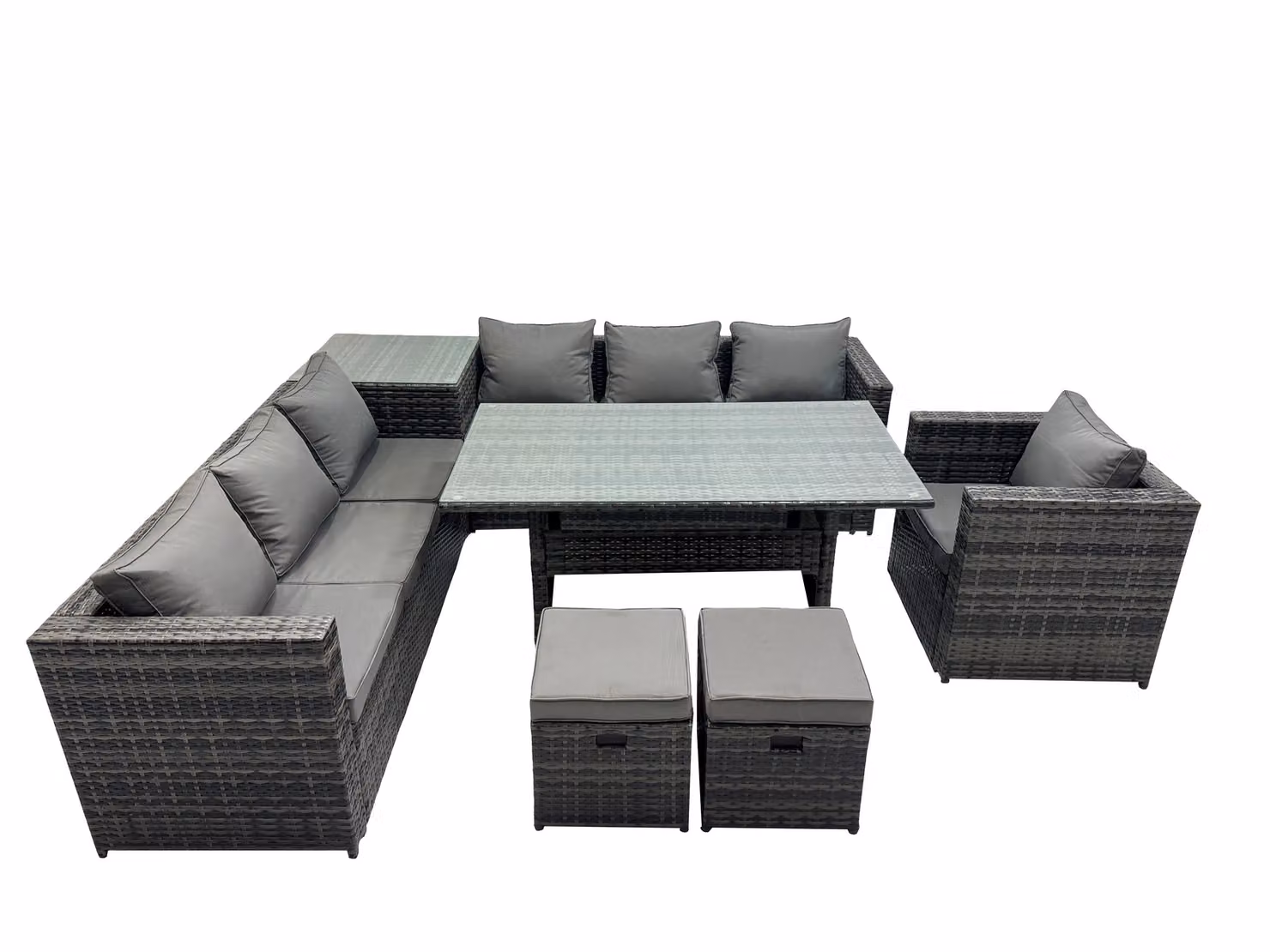 Fimous 9 Seater Garden Rattan Furniture Set with Side Table and 2 Small Stools in Dark Grey – 2