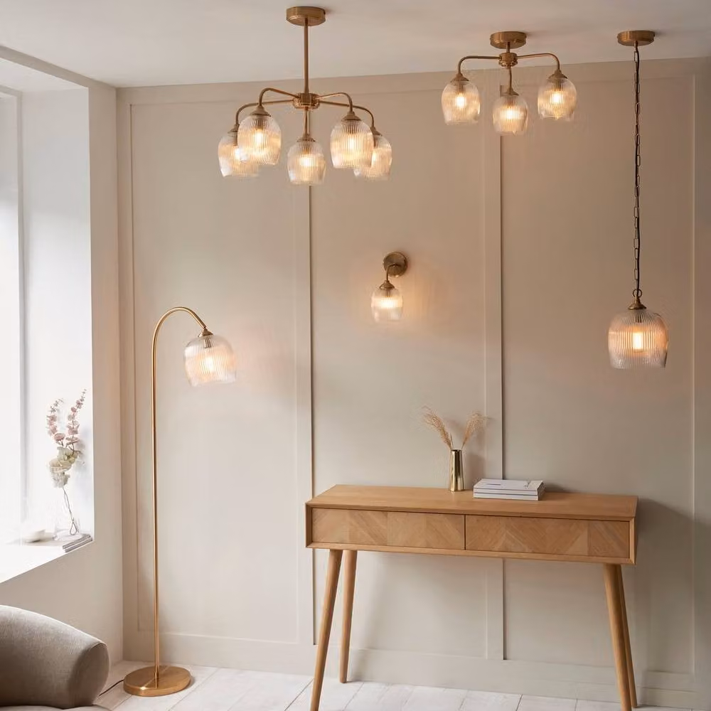 Netlighting Ashcroft Semi Flush Ceiling Lamp with Ribbed Transparent Glass and Gold Brass Finish, 3x E14 – 2