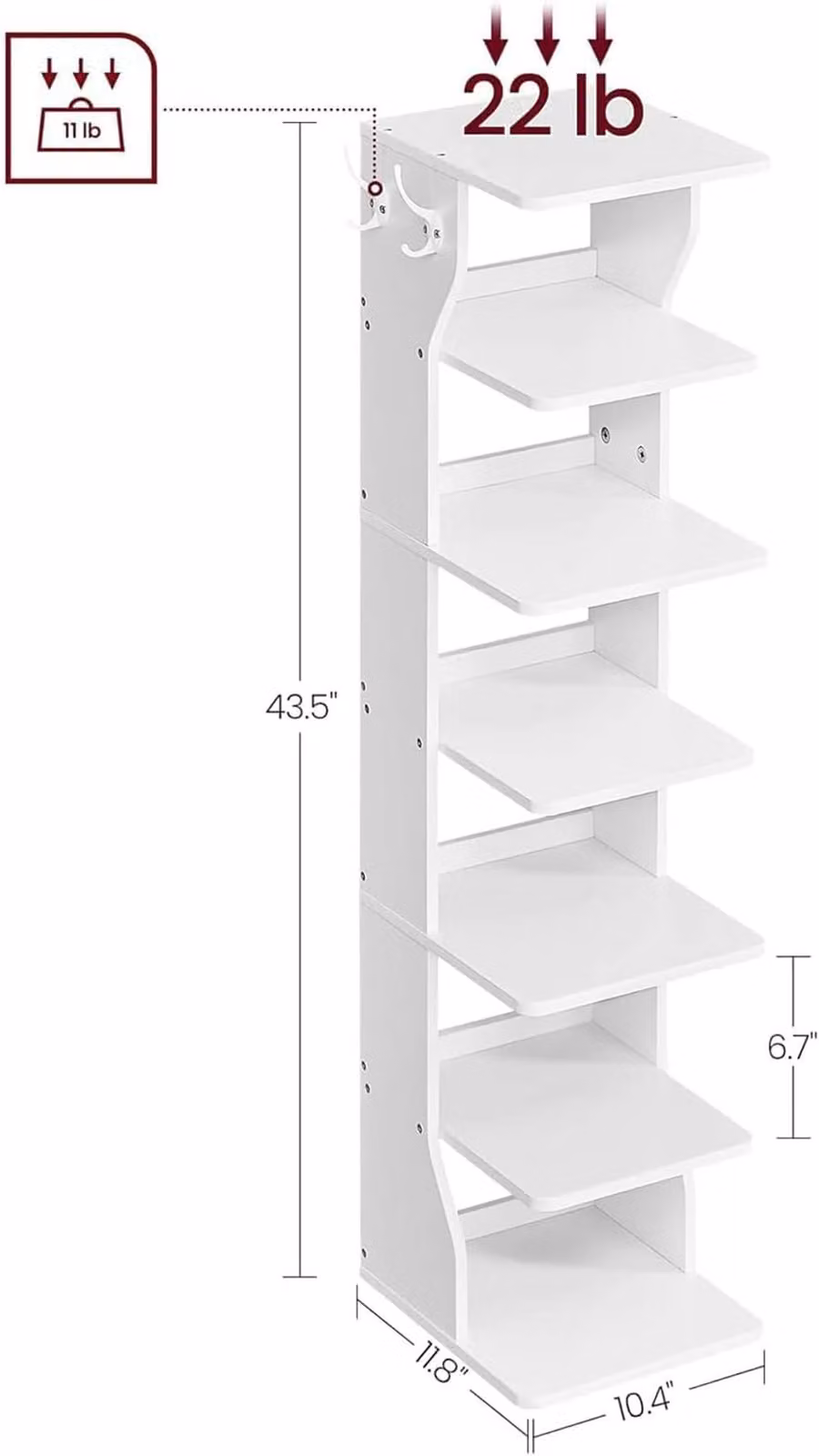 London Boutique Narrow White Wooden Shoe Rack with Hooks and Back Panel, W/D/H: 26.5 x 10.0 x 110.0 cm – 2