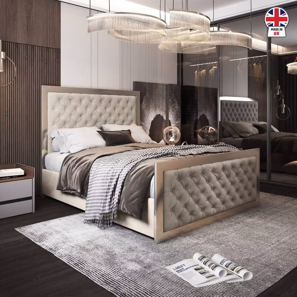 KDMD Mawdesley Upholstered Soft Velvet Designer Bed Frame in Beige and Black, W/D/H: 120 x 200 x 137 cm – 3
