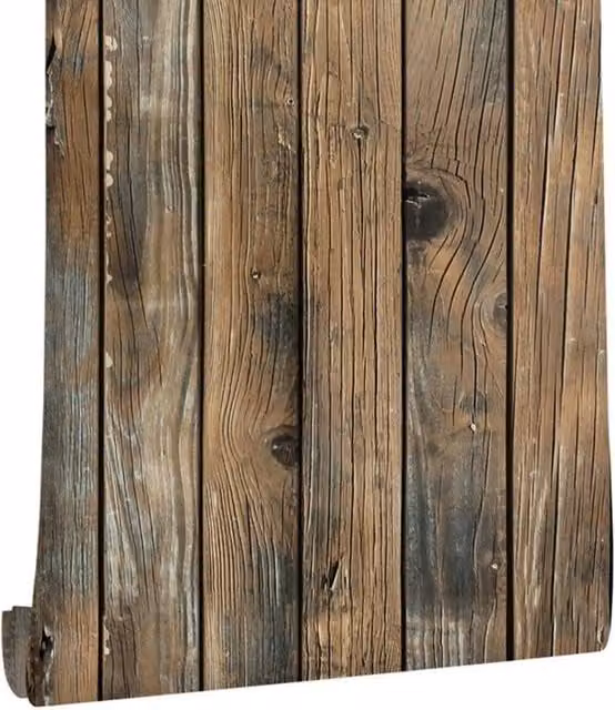PAWNORA Brown Wood Effect Vinyl Wallpaper, Washable Rustic Design