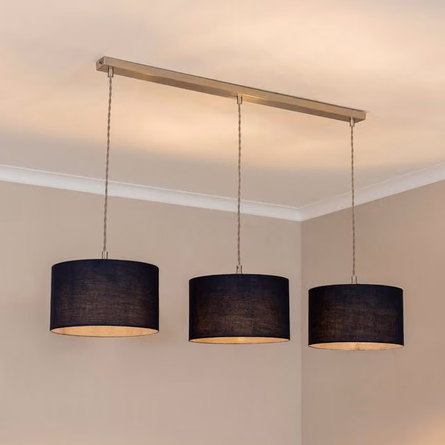 ValueLights Reni 3 Drop Bar Ceiling Pendant Light in Brushed Chrome with Blue Fabric Shades and LED Bulbs