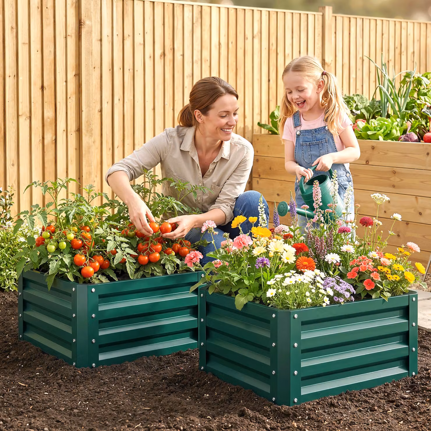 Outsunny Set of 2 Raised Galvanised Steel Garden Planter Boxes for Flowers and Herbs, Green, W/D/H: 60 x 60 x 30.5 cm – 2