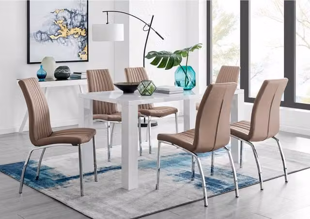 FurnitureboxUK Pivero White High Gloss Rectangular Dining Table and 6 Isco Chairs Set in Cappuccino