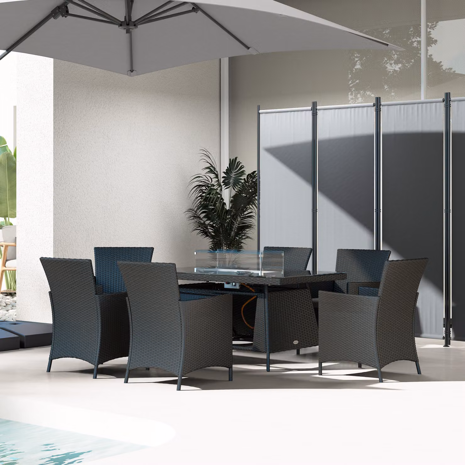 Outsunny 7 Piece Outdoor Rattan Garden Furniture Set with Fire Pit Table and 6 Chairs in Black – 7