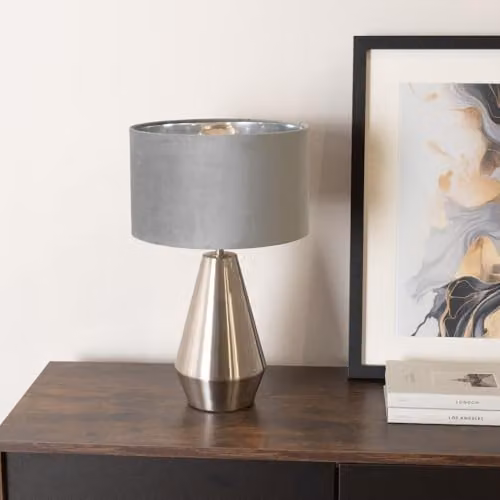 ValueLights Jax Brushed Chrome Touch Table Lamp with Grey Velvet Shade and Warm White Bulb – 2