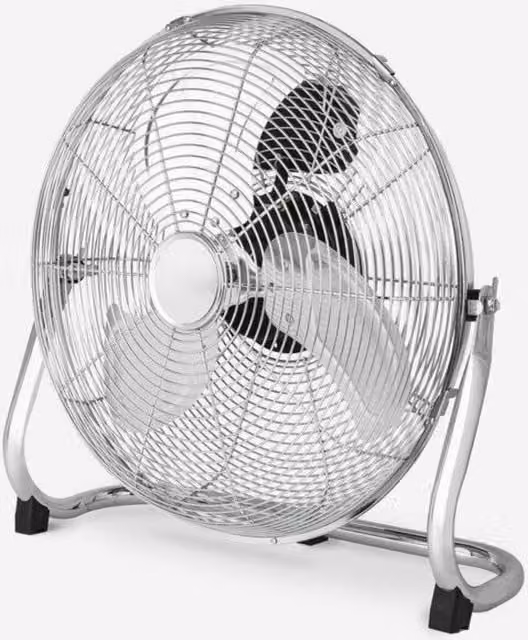 Dyzi 12 Inch Metal Floor Fan, 50W, 3 Speed Adjustable Tilt, Silver and White, W/D/H: 30.48 x 30.48 x 30.48 cm