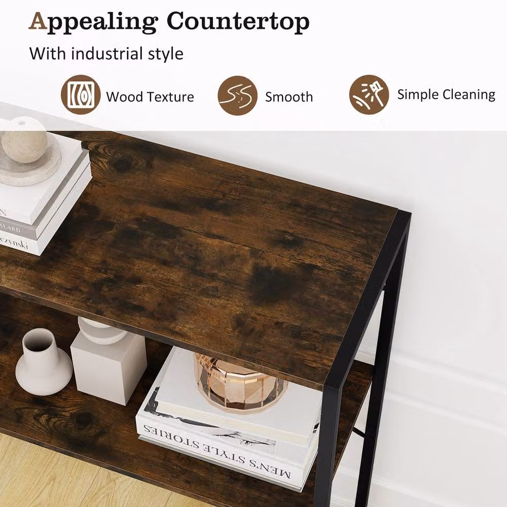 Gymax 2-Tier Industrial Console Table with Wooden Shelves and Metal Frame, Brown – 4