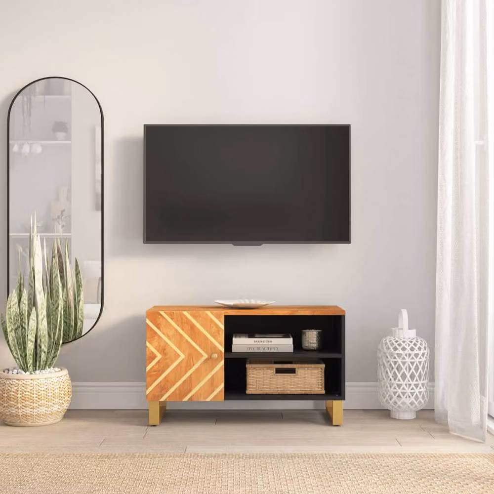 Berkfield Home Mango Wood TV Cabinet in Brown and Black, W: 80 cm, D: 31.5 cm, H: 46 cm – 2