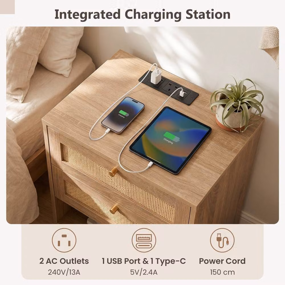 Gymax Rattan Bedside Table with Integrated LED Light Strip and Charging Station in Natural Sand and Brown – 3