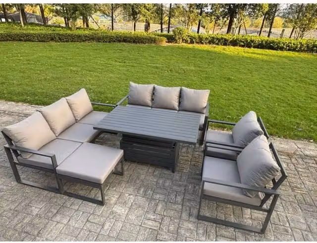 Fimous 9-Seater Powder Coated Aluminium Patio Set in Matt Dark Grey with Height Adjustable Lifting Table, 2 Chairs and Large Stool – 1