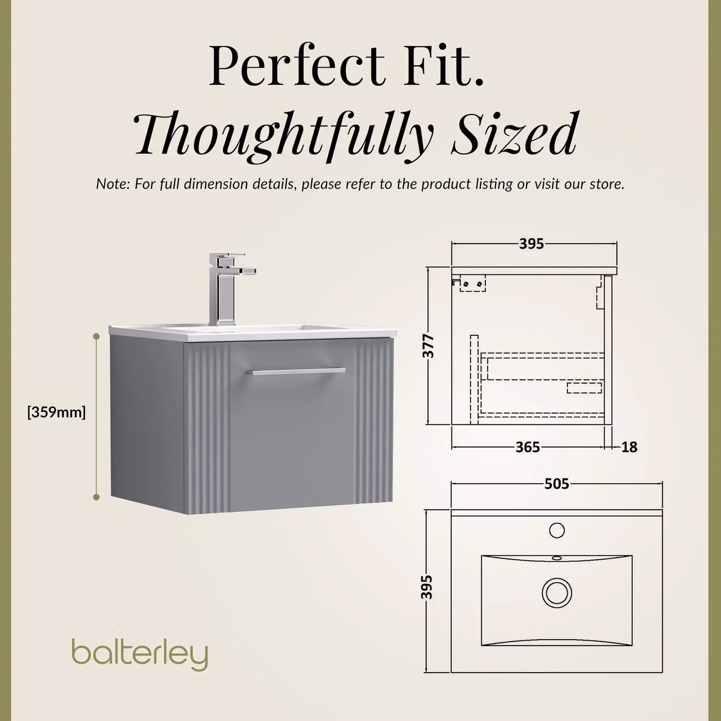 Balterley Wall Hung 1 Drawer Vanity Unit with Minimalist Basin, Satin Grey, Width: 50 cm – 2