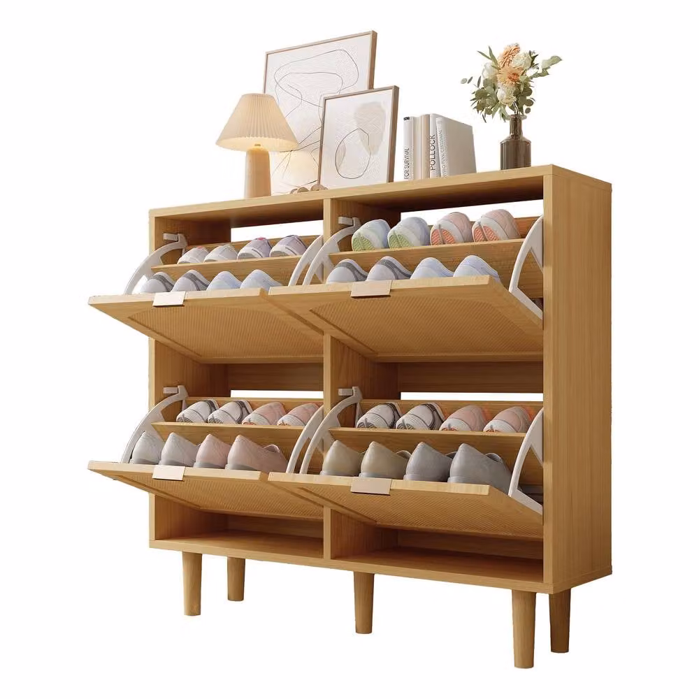 ModernLuxe Narrow Rattan Shoe Cabinet in Light Oak with 4 Drawers and Hinged Doors, W/D/H: 100 x 25 x 90 cm – 3