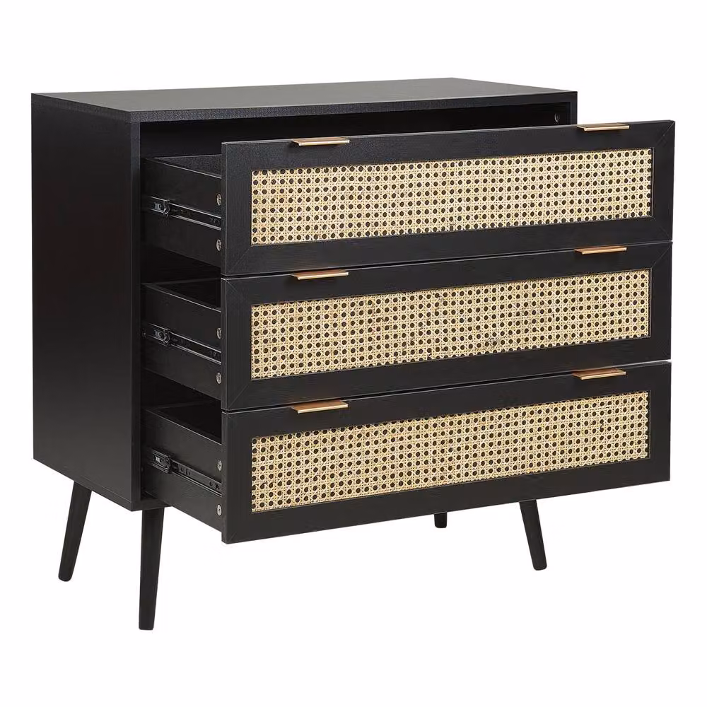 Wyld and Coco Black Rattan 3-Drawer Chest with Rubberwood Legs – 3