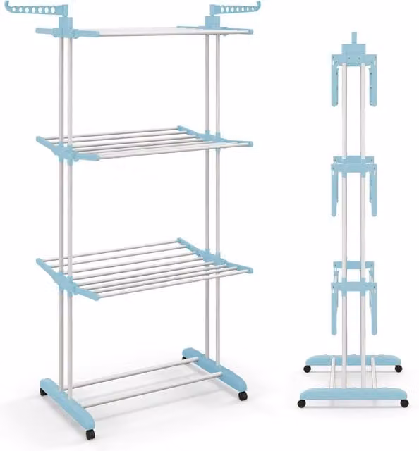 Gymax 4-Tier Folding Clothes Drying Rack, Collapsible and Mobile Laundry Rack in Blue – 1