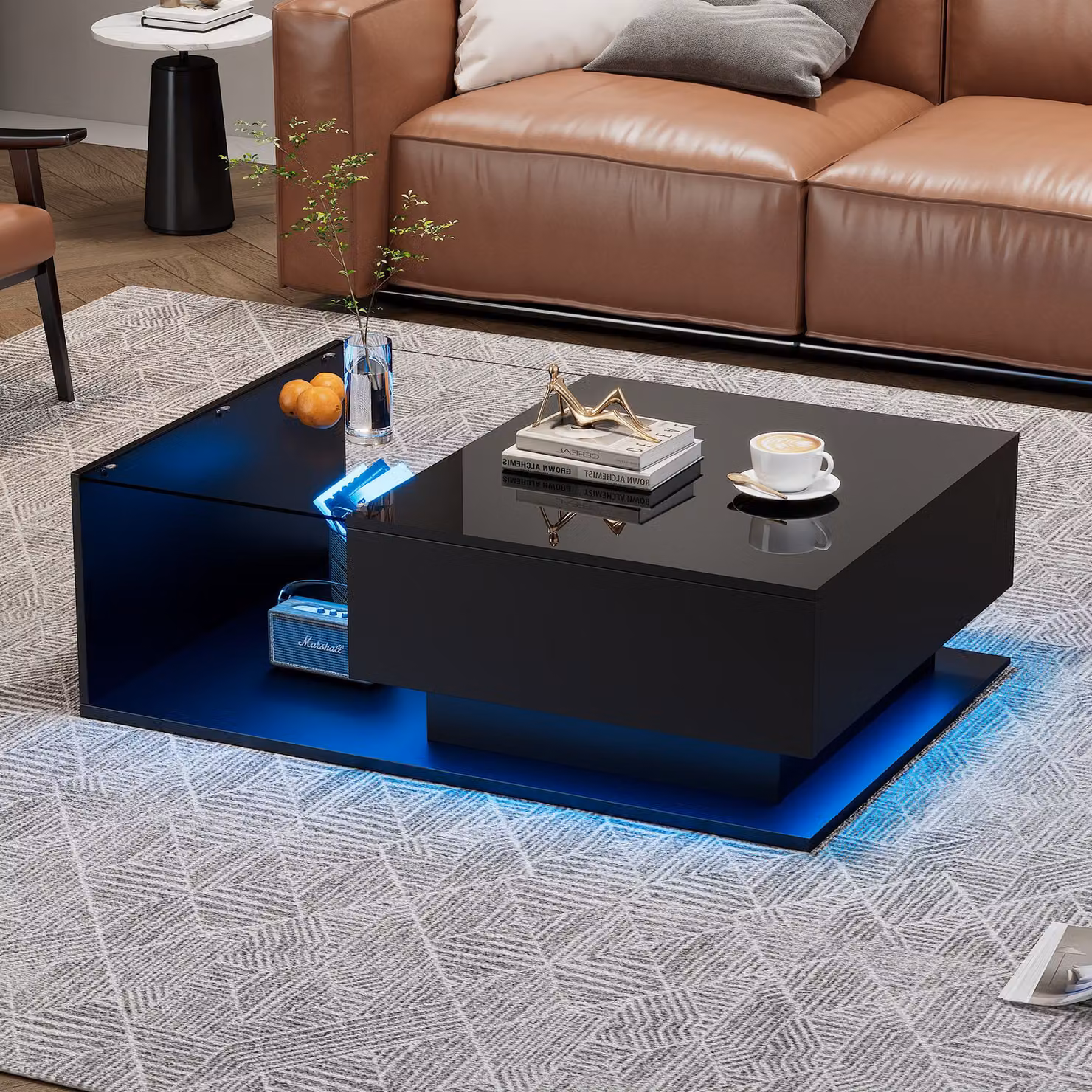 Aosom.UK High Gloss Black Coffee Table with Glass Top, Drawer and App-Controlled RGB Lights, W: 100 cm, D: 50 cm, H: 32 cm – 7