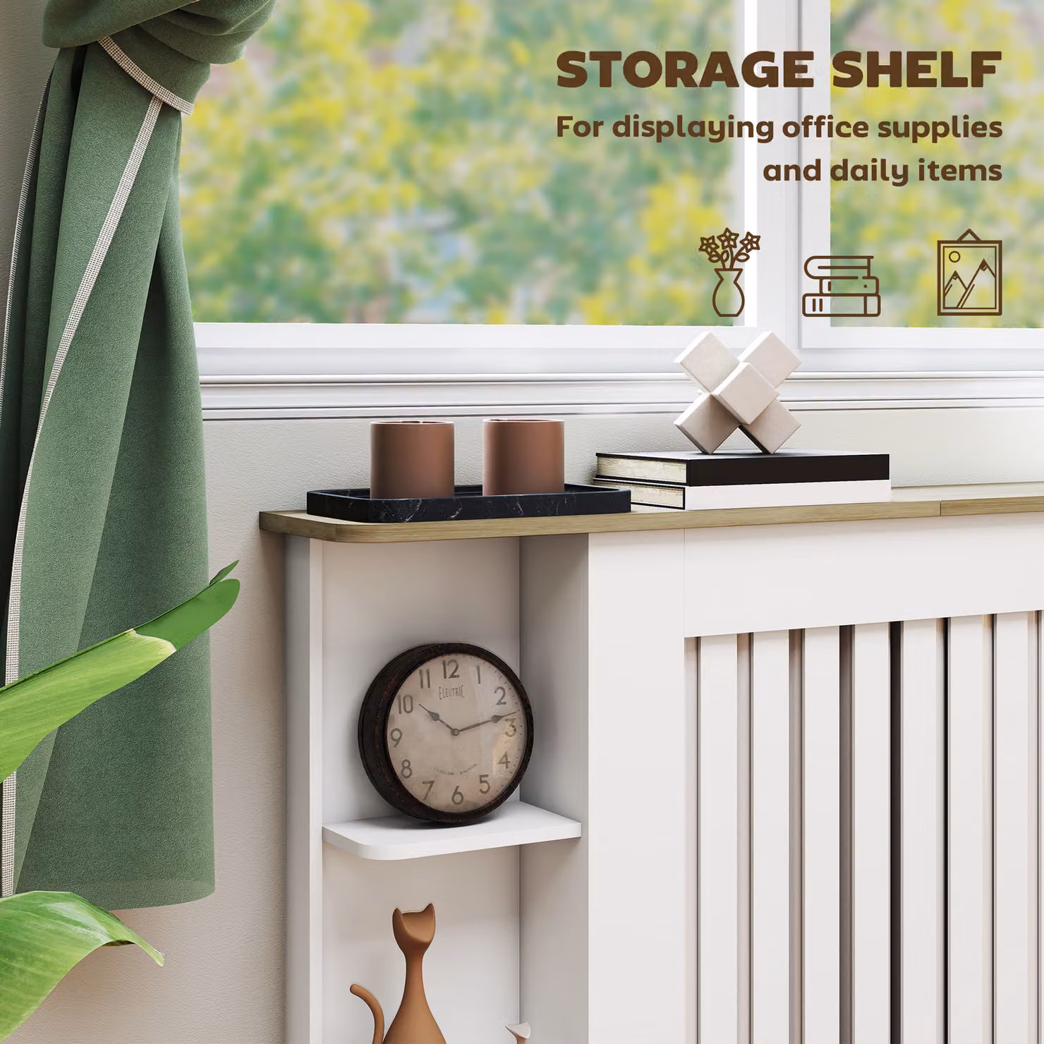 HOMCOM White Radiator Cover with Open Storage Shelves and Vertical Slatted Design, H 83 x W 124 x D 19 cm – 3