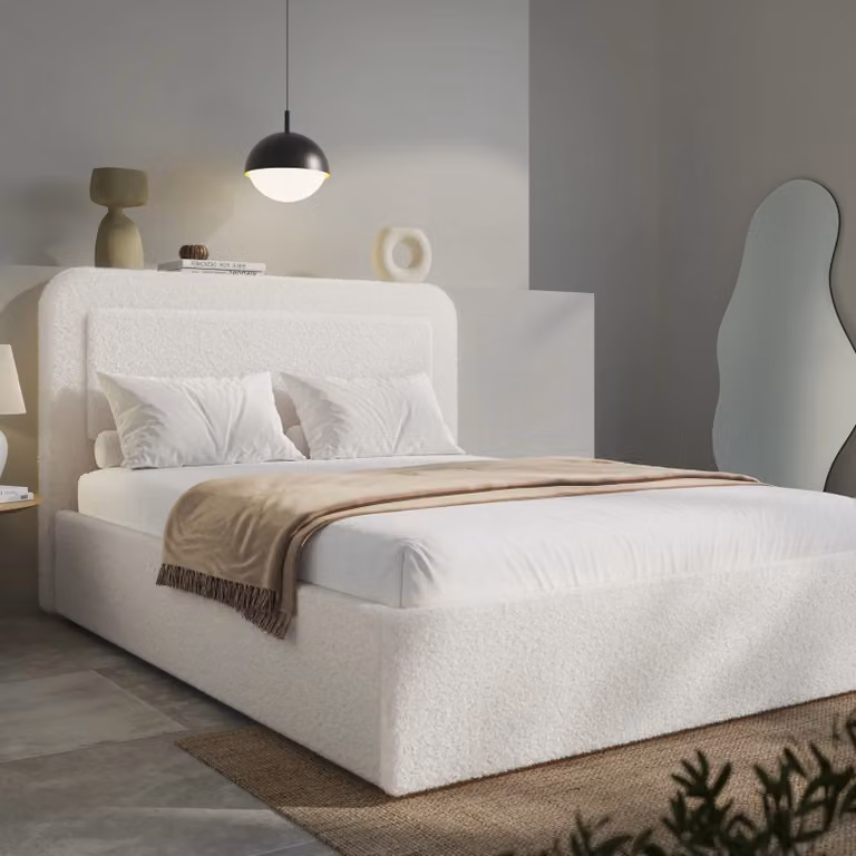 DHS White Bouclé Upholstered Ottoman Storage Bed with Curved Headboard, W/D/H: 140 x 200 cm