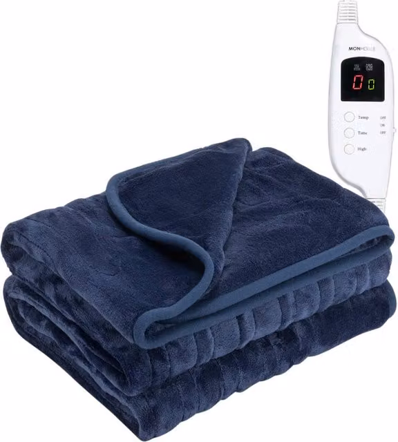 MONHOUSE Heated Electric Fleece and Flannel Throw, Blue/Grey, W: 130 cm, D: 160 cm – 7
