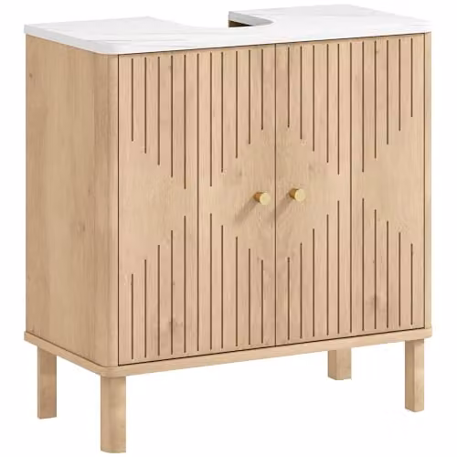 HOMCOM Modern Under Sink Bathroom Cabinet with Hinged Doors and Internal Shelves, Brown and Gold – 1