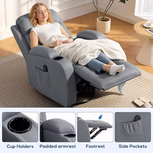 HOMCOM Recliner Armchair with Massage and Heat, Light Grey PU Leather Swivel Rocking Chair with Extended Footrest, Cup Holders and Side Pockets – 6