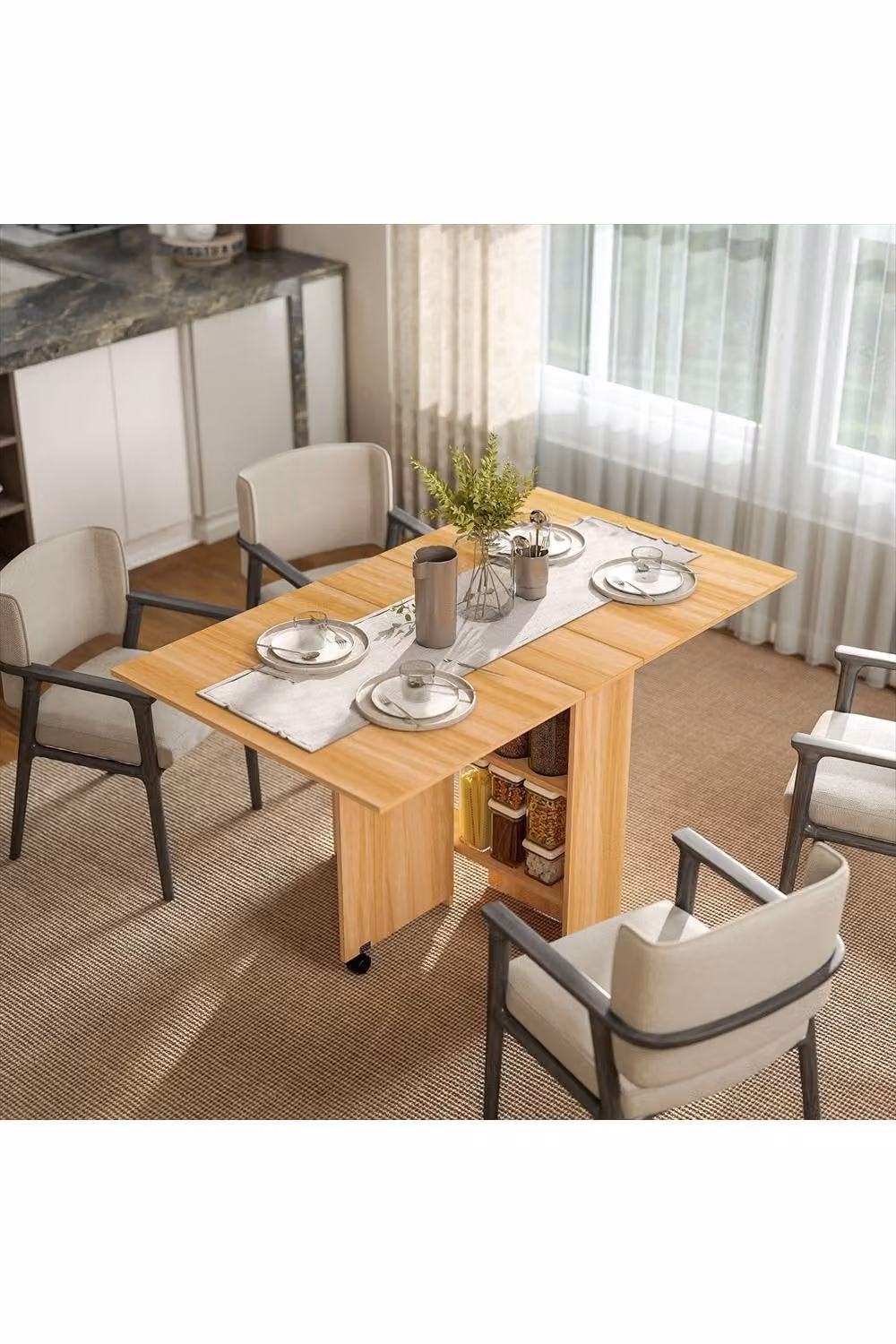 ERGOVEXA Folding Rectangular Dining Table in Brown Teak with Butterfly Leaf and Castors – 2