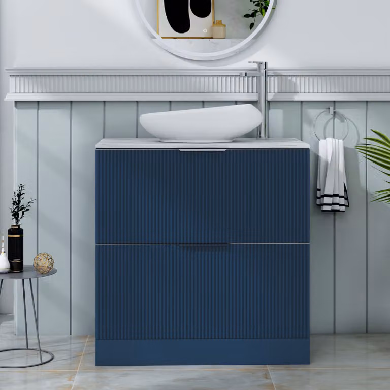Royal Bathrooms Evora Midnight Blue Fluted Floor Standing Countertop Vanity Unit with Nova Basin and 2 Drawers