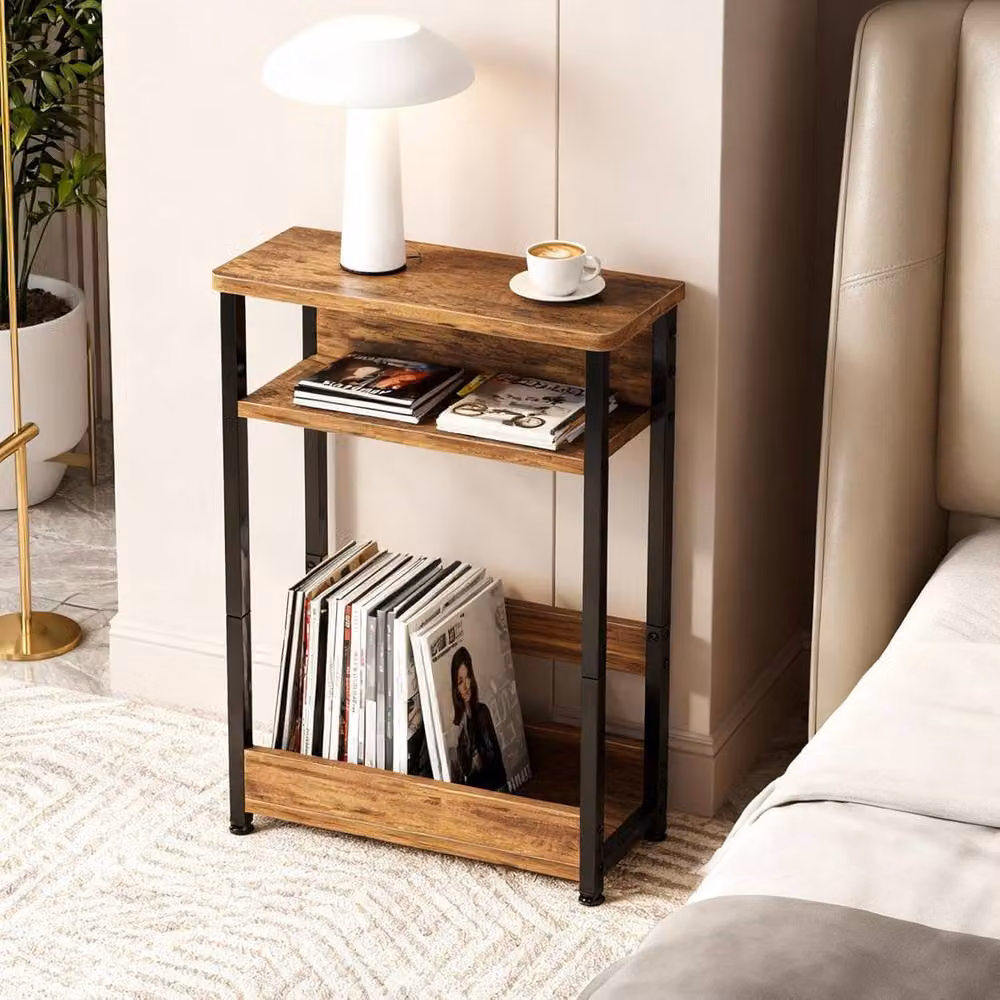 London Boutique 3-Tier Narrow Side Table with Magazine Rack in Brown and Black – 4