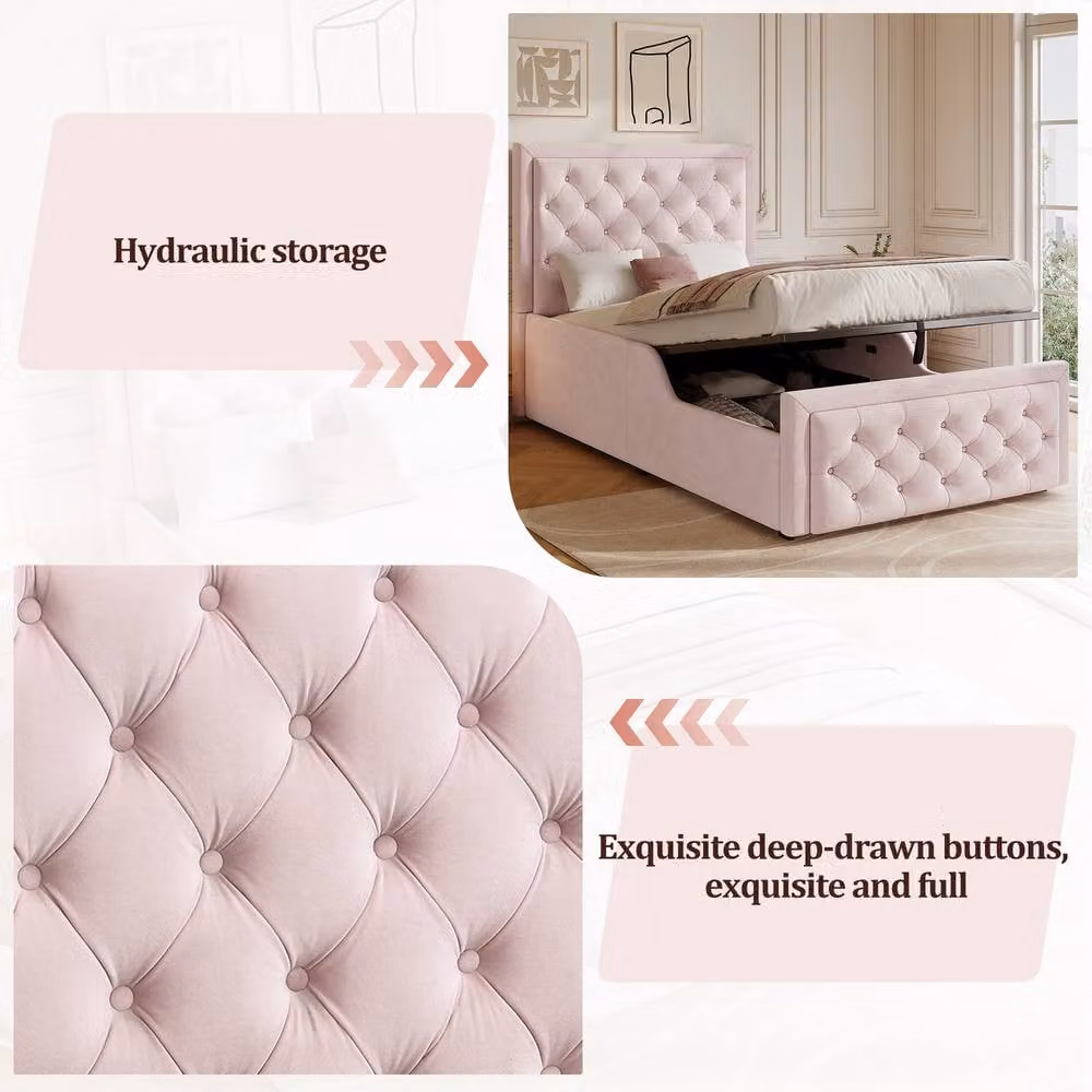 Merax Pink Velvet Upholstered Single Bed Frame with Hydraulic Lift-Up Storage, W/D/H: 90 x 190 cm – 3