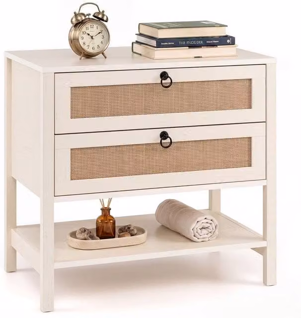 Gymax White Rattan Bedside Table with 2 Drawers and Oak Wood Accents