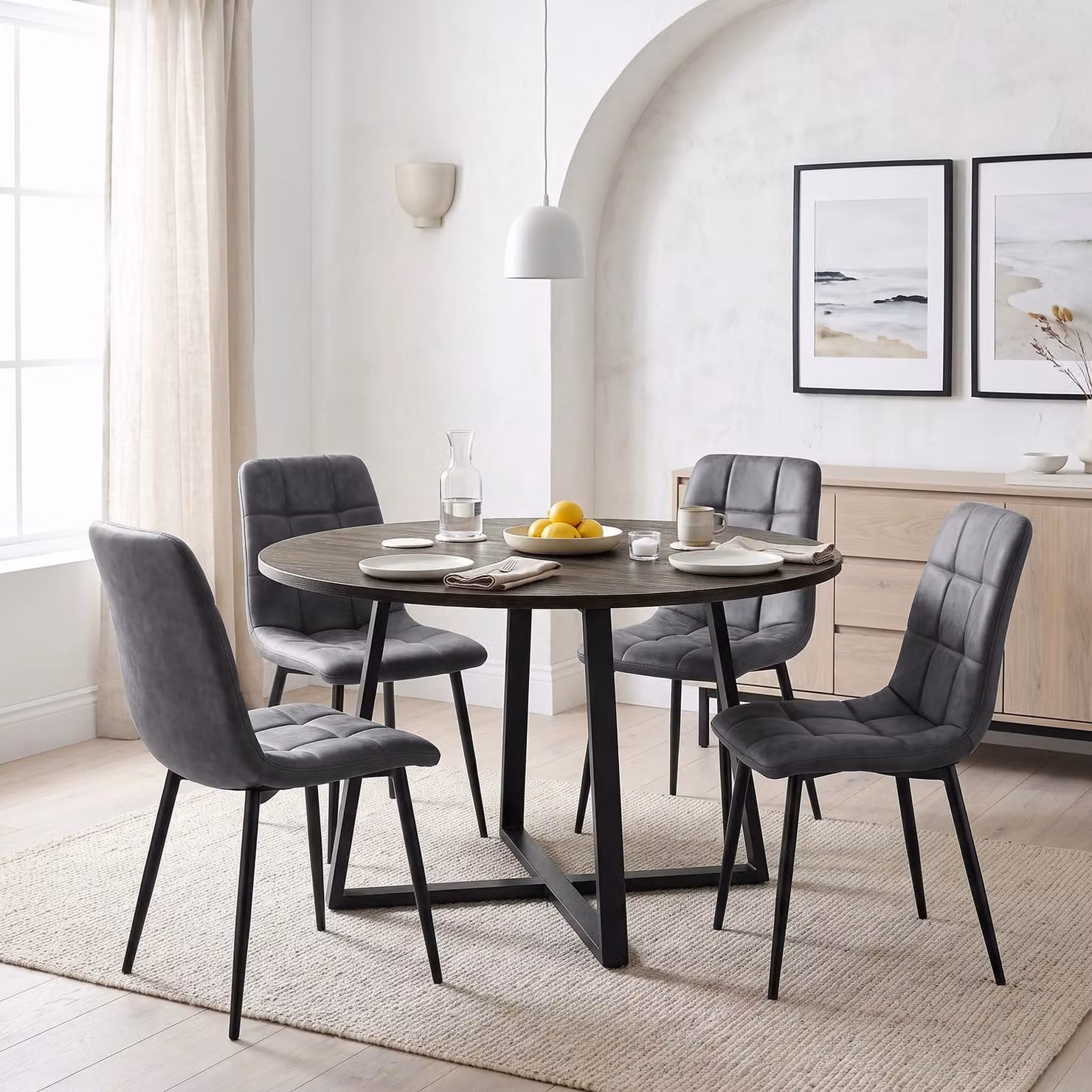 DHS Round Dining Table and 4 Chairs Set in Grey and Black with X-Frame Legs